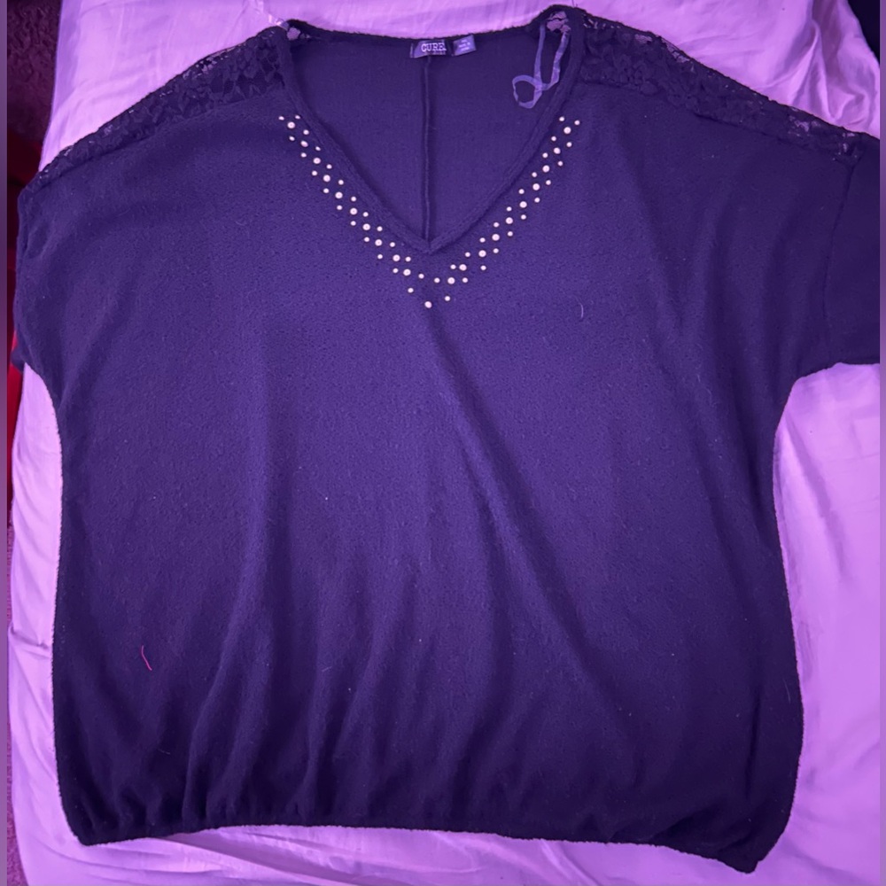 3X Black blouse with lace and pearl detailing